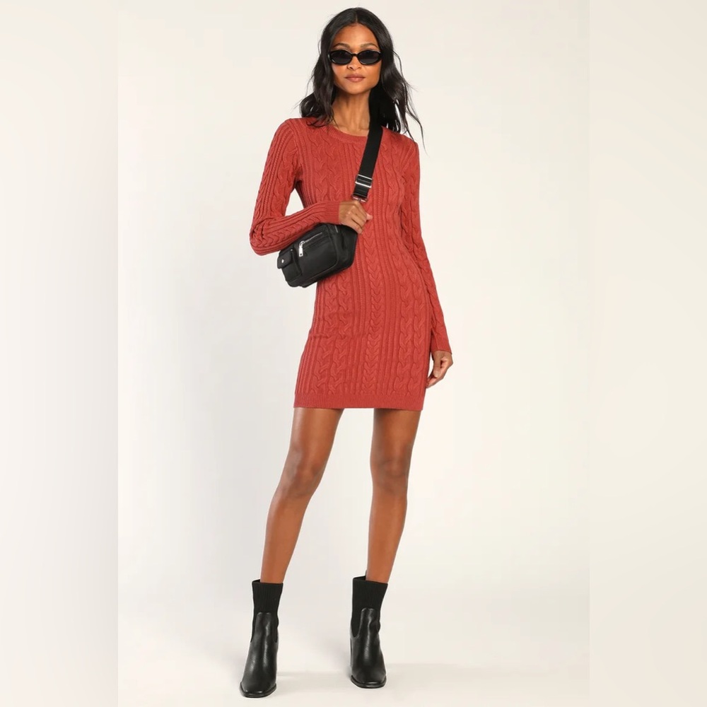 Snuggly Sensation Rust Red Cable Knit Bodycon Sweater Dress
